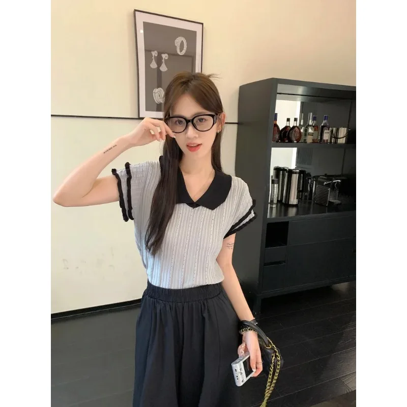 

FANAN Knitwears New Doll Collar Knitted Sweater Women Pullovers Short Sleeve Spliced Knit Sweater Pullover Women Tops Sweaters