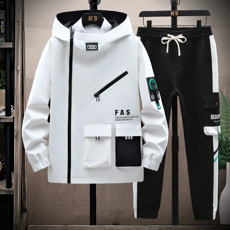 Youth Casual Men Tracksuit  Fashion Mens Outfits Set Hooded pullover pocket jacket+ Sweatpants Two Piece Sets Running Sports Sui