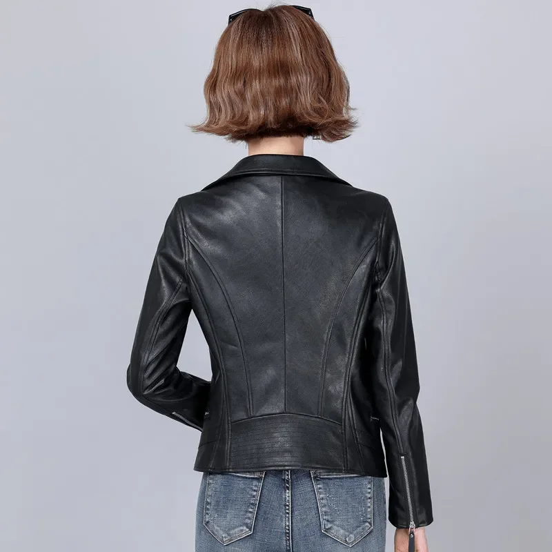 New Women Biker Leather Jacket Spring Autumn Casual Fashion Turn-down Collar Slim Sheepskin Short Coat Split Leather Moto Jacket