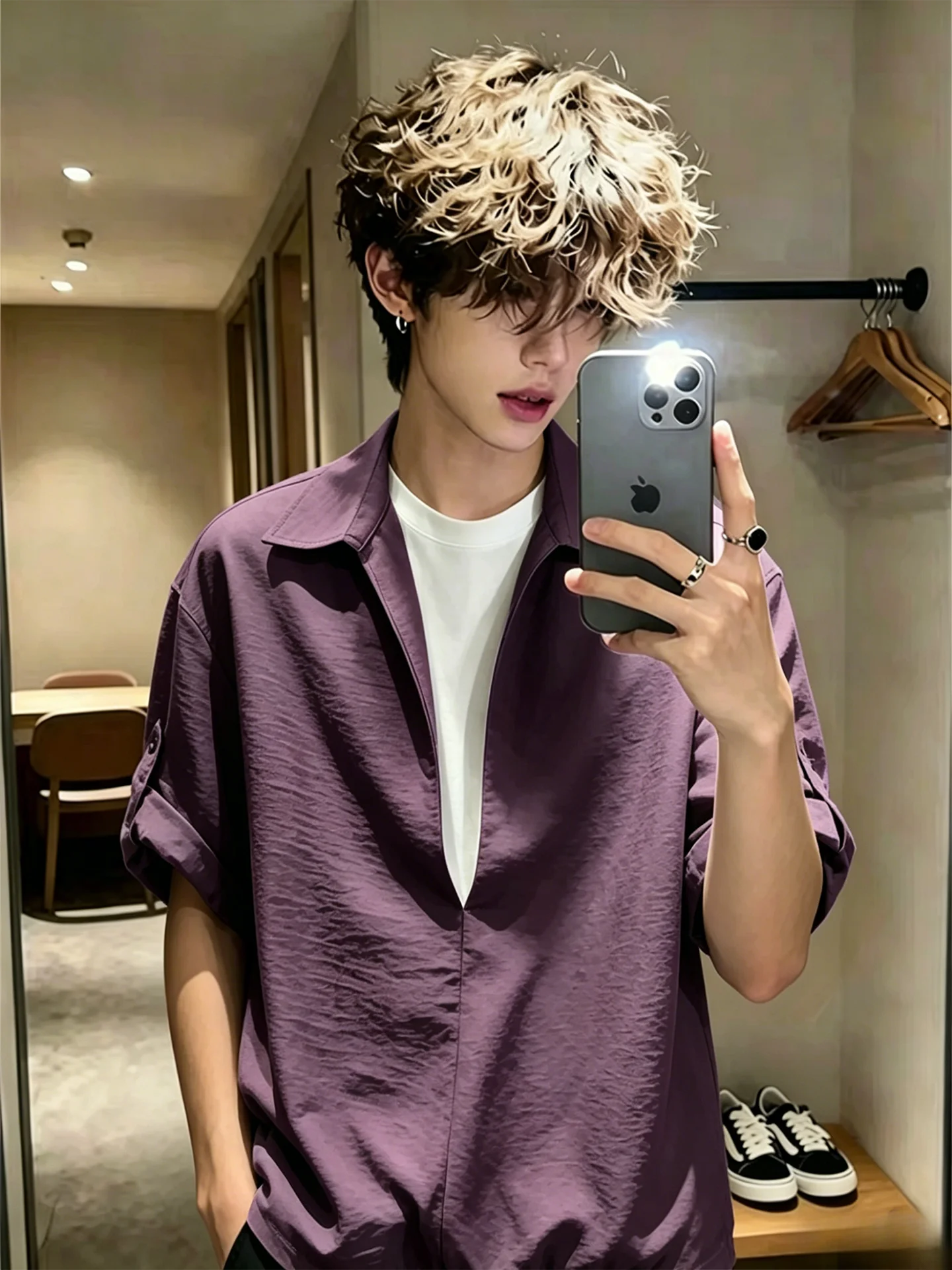 Men's Cleanfit V-Neck Short Sleeve Ice Silk Shirt Summer Breathable Loose Fit Fake Two-Piece Design Sleeveless Polyester Fiber