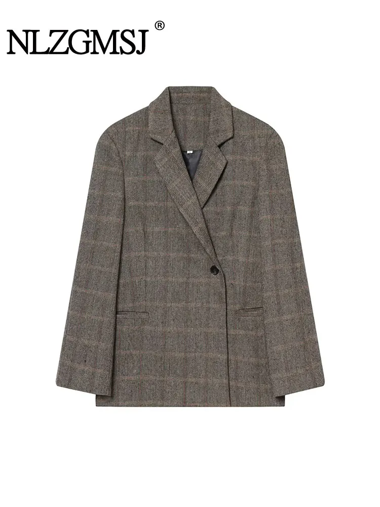 

NLZGMSJ Spring Autumn Elegant Women Plaid Blazer Long Sleeve Single Button Coat Female Office Suit Jacket Y2K