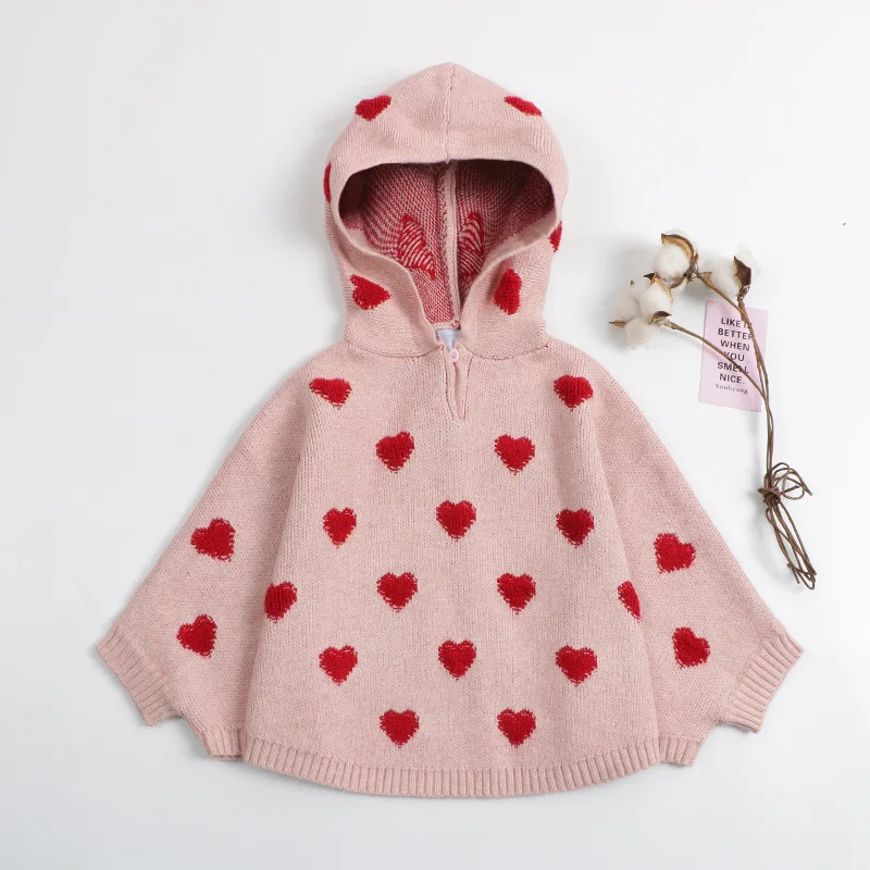 1-6T Heart Print Baby Girl Sweater Cloak Toddler Kid Winter Clothes Hooded Knit Warm Cape Knit Pullover Top Knitwear Coat Outfit