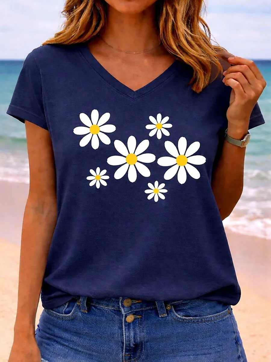 Fashion V-neck Short Sleeve T Shirt For Women Sunflower Floral Pattern Tee Daily Commute Female Clothing Summer Casual Loose Top