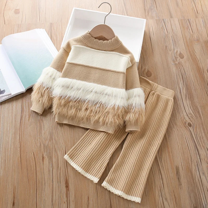Girls Knitted Clothes Sets Spring Autumn Children Woolen Jersey Sweaters Tops Pants 2pcs Princess Suit For Baby Outfits Kids 6Y