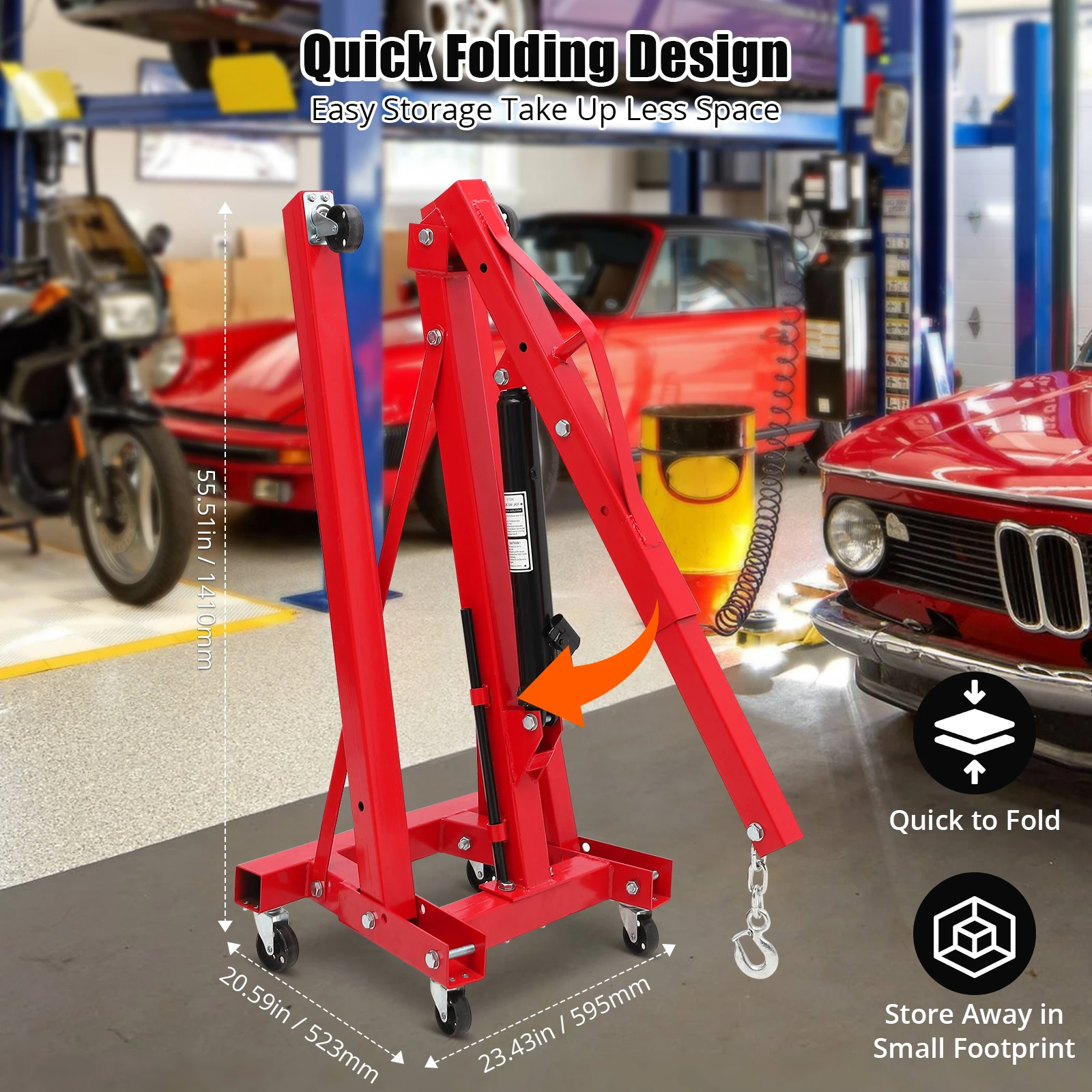 2 Ton Folding Engine Hoist,Mobile Hydraulic Engine Crane with 6 Wheels,4400 LBS Heavy Duty Hydraulic Shop Crane Lever