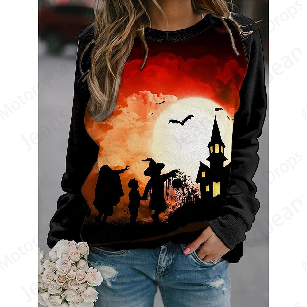 Halloween Hoodie Women Fashion O-neck Hoodies Women Sweats Witch Coat Girl Clothes O-neck Long Sleeve Hoodie Female Falls Skull