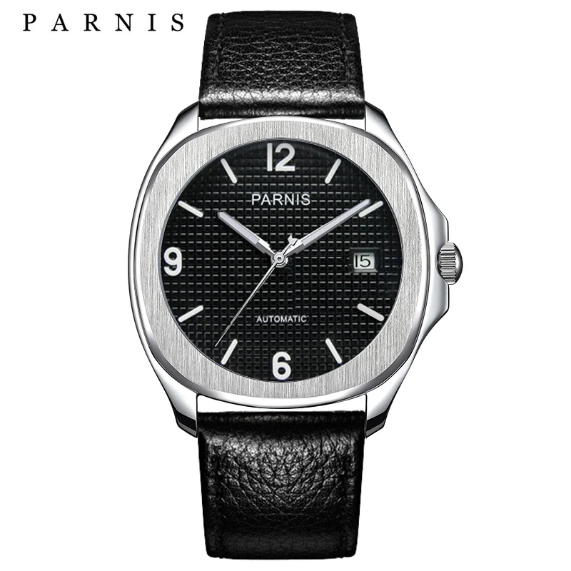 

New Fashion Parnis 40mm Silver Case Automatic Mechanical Men's Watch Leather Strap Sapphire Luxury Watches For Men reloj hombre