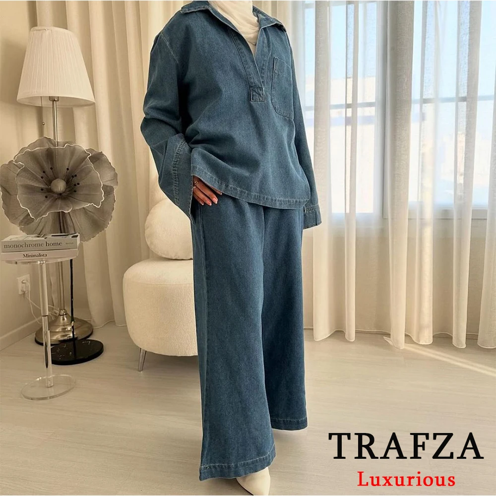 TRAFZA Vintage Casual Denim Chic Women Suit V Neck Long Sleeve Tops+Elastic Straight Pants Fashion 2024 Spring Street Wear Sets