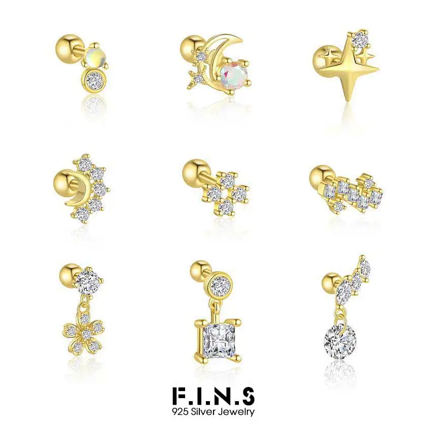 F.I.N.S 1PC 925 Sterling Silver 18K Gold Plate Geometric Zircon Piercing Earrings For Women Luxury Stack Small Mosaic Ear Studs