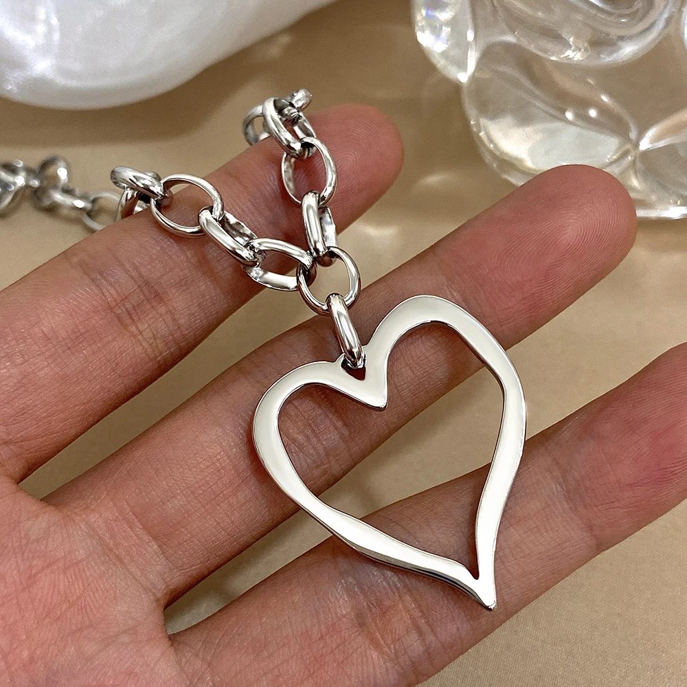 316L Edelstahl Gold Silber Farbe Halskette für Frauen Glänzend Punk Große Hohle Herz Anhänger Halsketten Valentinstag Geschenke – Detail 14