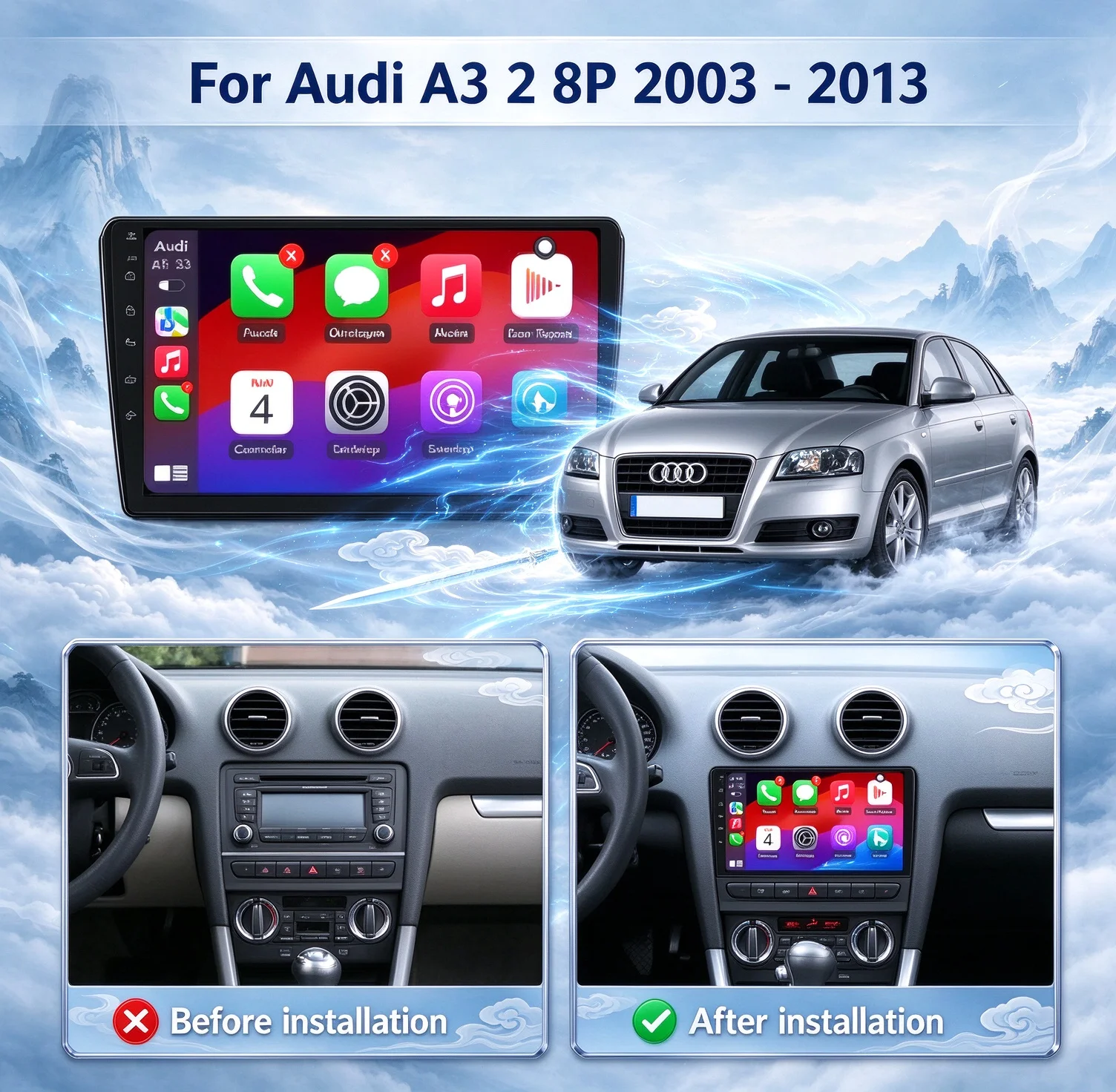 9 inch Car Radio Carplay For Audi A3 2 8P 2003-2013 Android 16 Multimedia Navigation Head Unit 2K QLED Screen