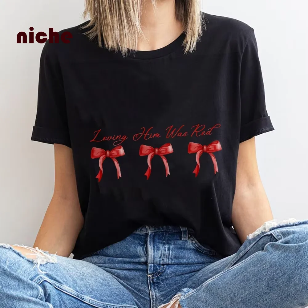 Ins Y2k Style T-Shirt Outfit Hand-Painted Lines Bow Letter Graphic Pure Cotton High Quality Front Shoulder Thin Short Sleeves