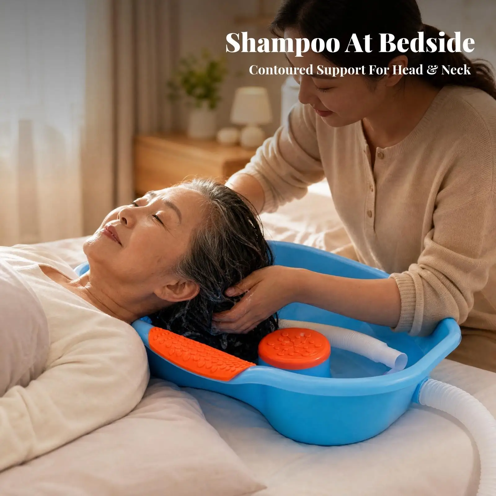 Portable Hair Wash Basin for Bed Shampoo Tray with Neck Rest Cushion and Flexible Drain Hose for Easy Rinsing