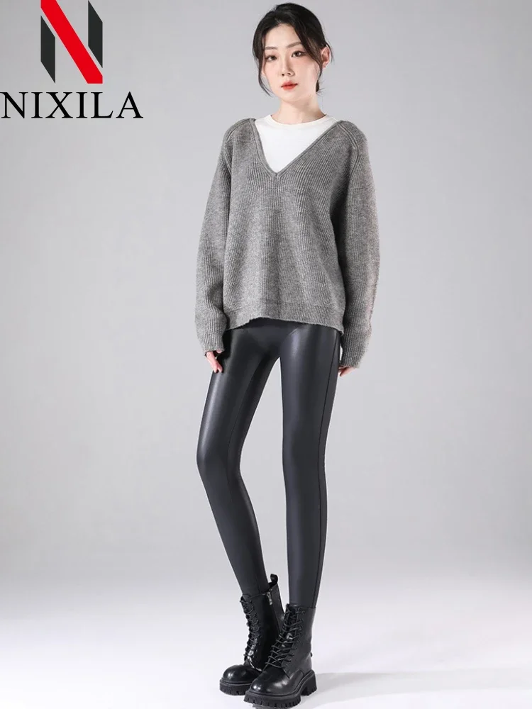 

New in Autumn Winter Sexy PU Leather Leggings for Women High Waist Slim Pants Push Up Elastic Black Thin Women Fleece Leggings