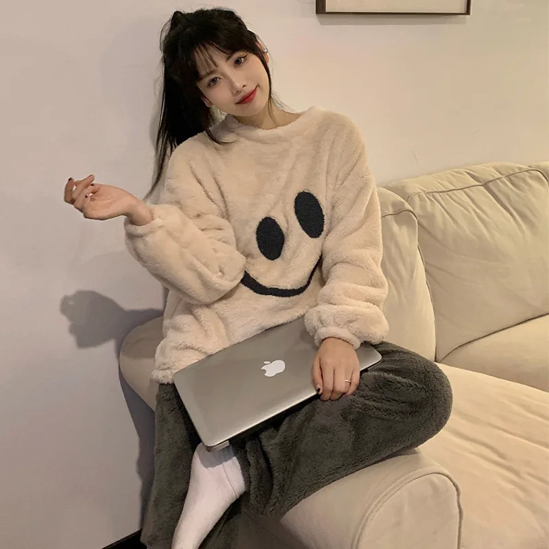 

Facecloth Pajamas Female Fall and Winter Long-sleeved Thickened Warm Korean Cartoon Loose Leisure Two-piece Suit Homewear Women