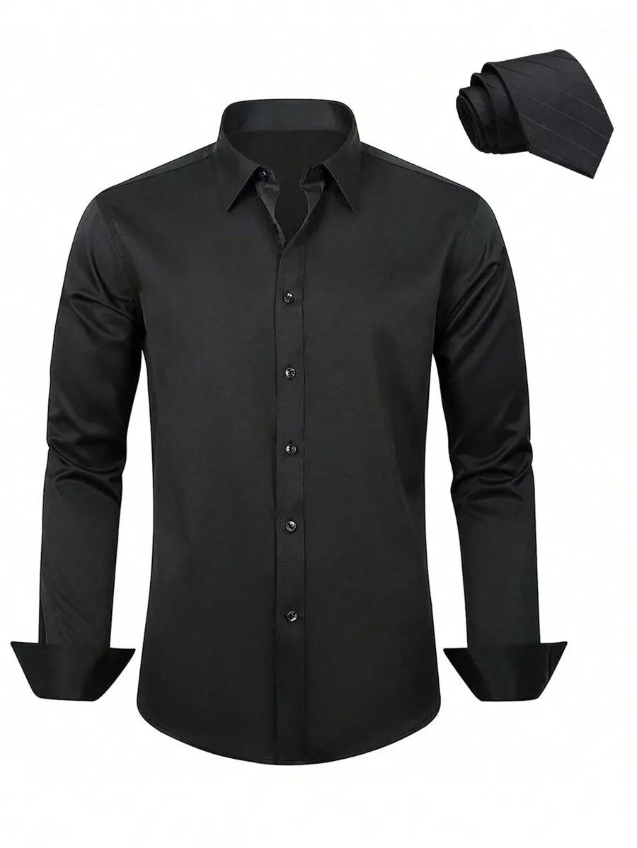 

Men's Solid Black Long Sleeve Button-Up Dress Shirt with Matching Necktie for Formal Events