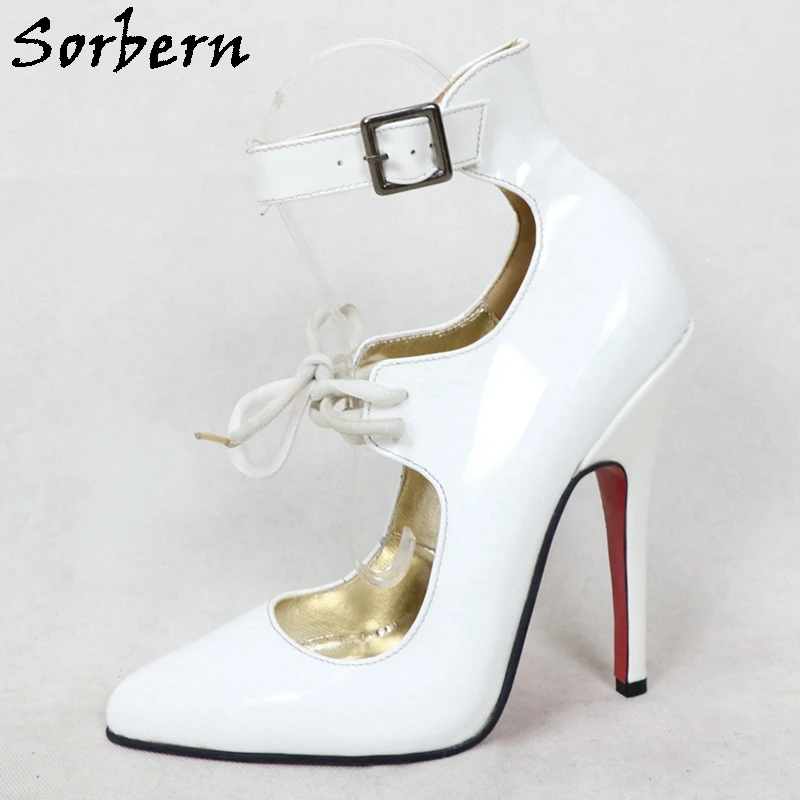 Sorbern Vintage White Shiny Women Pump Shoes Mary Jane Shoes Pointed Toe Ankle Buckle Strap Stilettos Custom Colors 14Cm