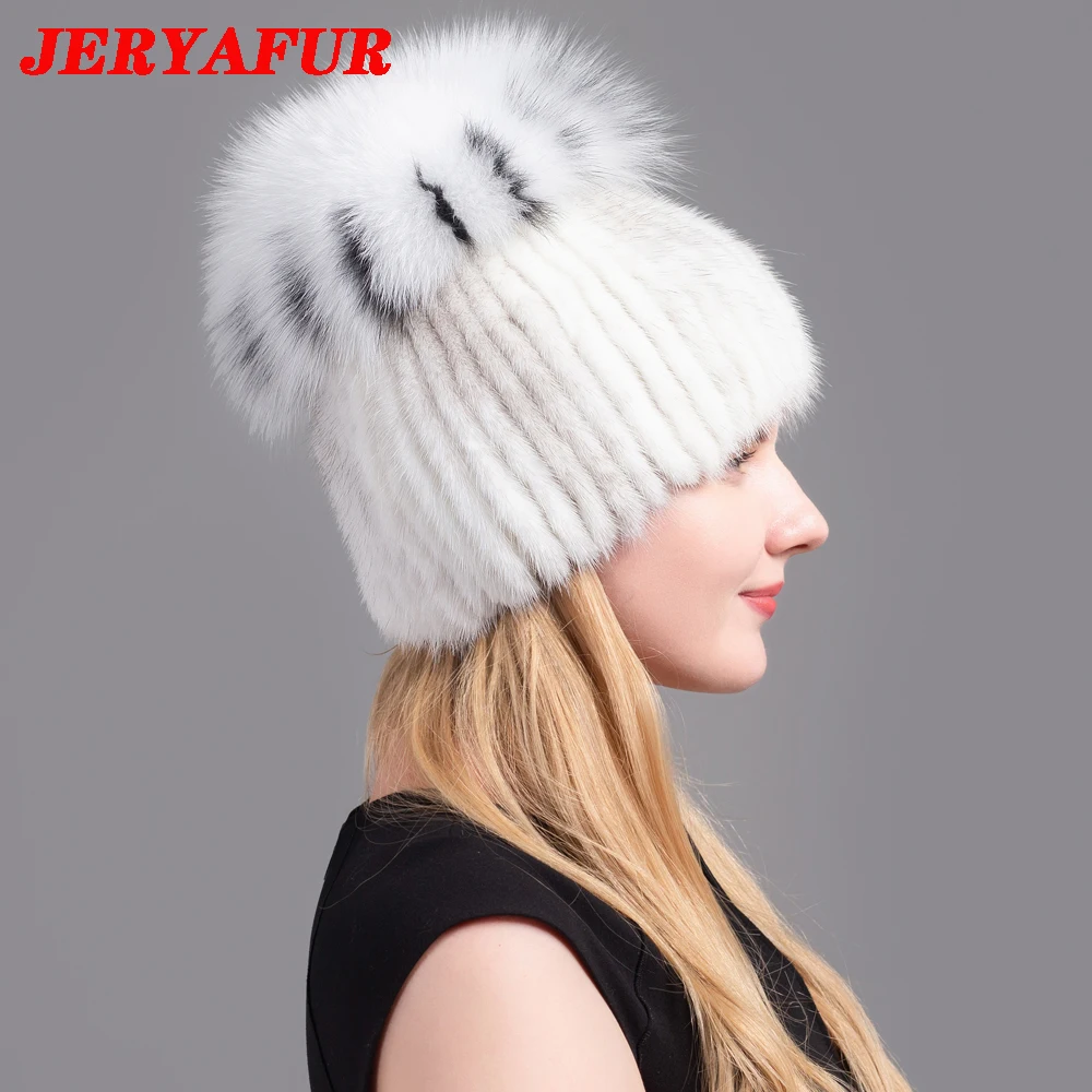 JINBAOSEN-Casquettes de ski pour femmes d\'âge moyen, fourrure de vison, chapeau pull pour femme, style européen et américain, mode hivernale