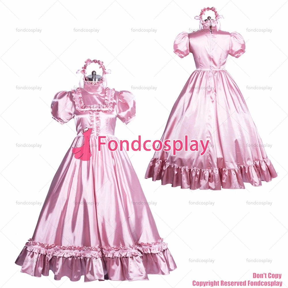 

fondcosplay adult sexy cross dressing sissy maid long French Lockable pink satin dress gothic lolita CD/TV [G3864]