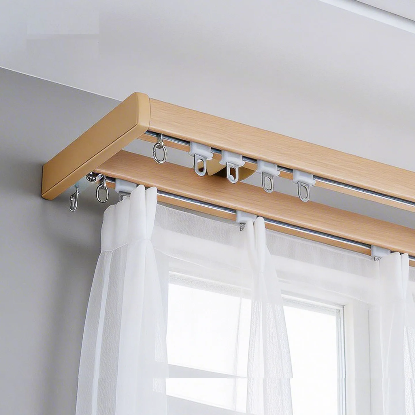 Japanese Style Imitation Wood Grain Double Curtain Rod Wall Mounted Thickened Aluminum Alloy Rail with Metal Pulley for Home