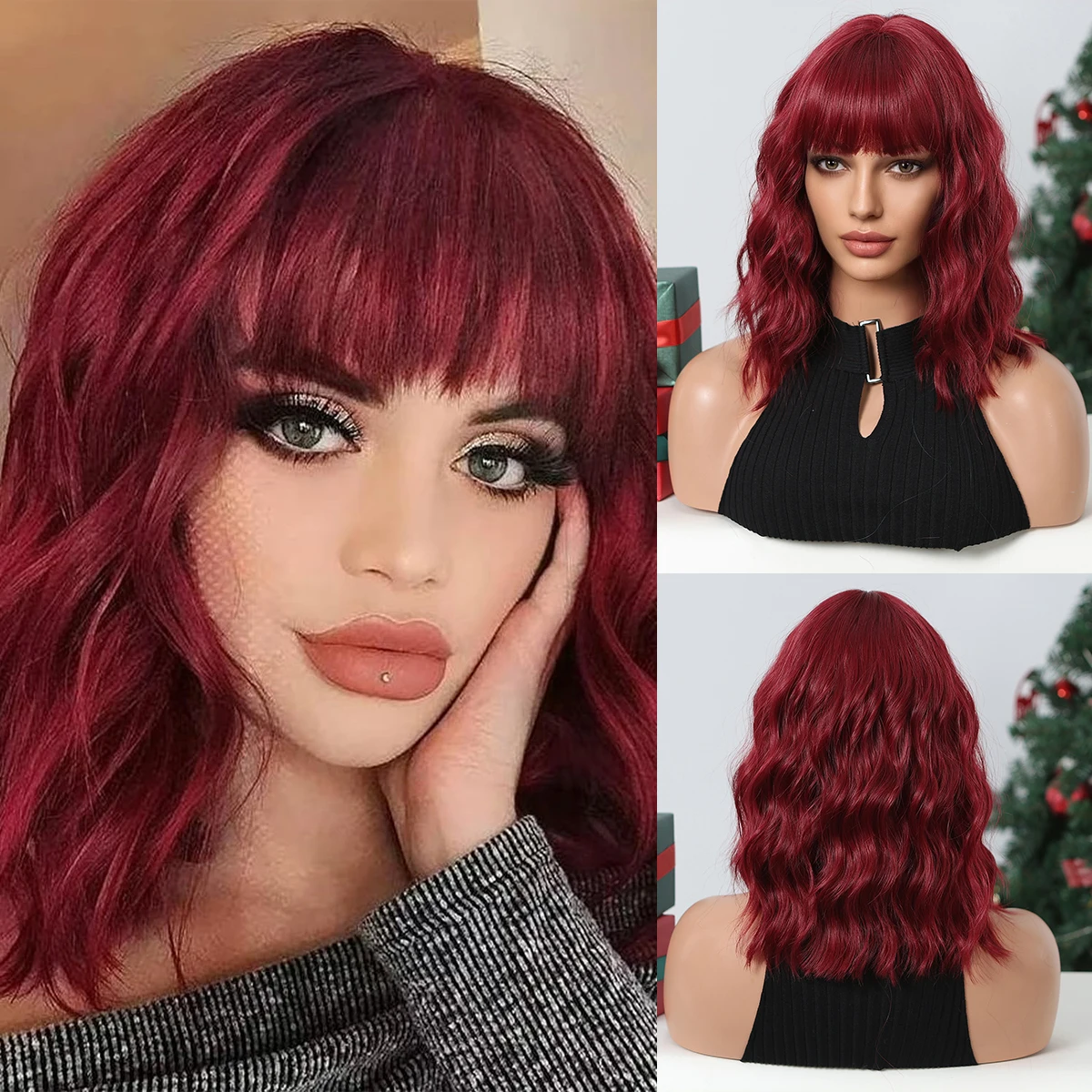 Short Wavy Wine Red Synthetic Wigs for Women Curly Lolita Wigs With Bangs Shoulder Length Wigs Natural Looking Daily Cosplay