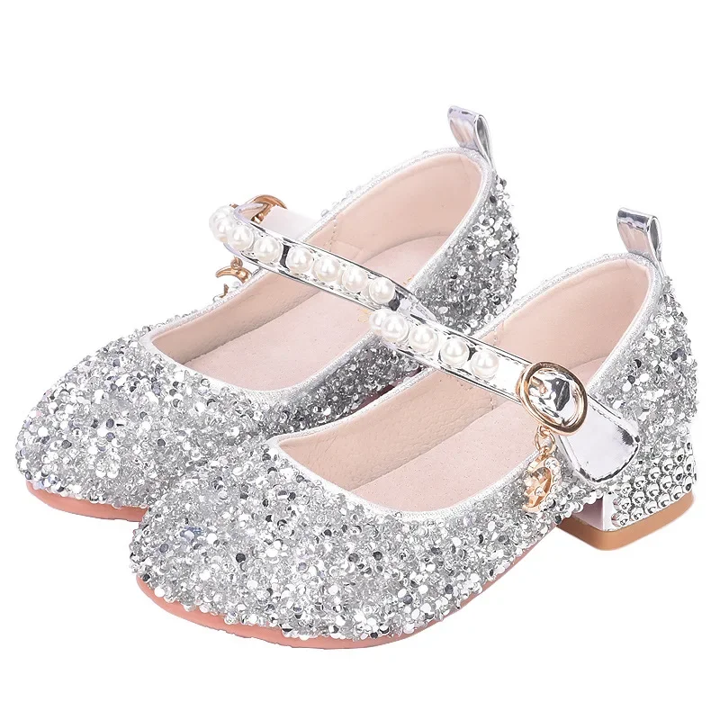 

Girls' High Heels Fashion Sequins Girls' Princess Leather Shoes Soft Soled Silver Children's Dance Performance Shoes
