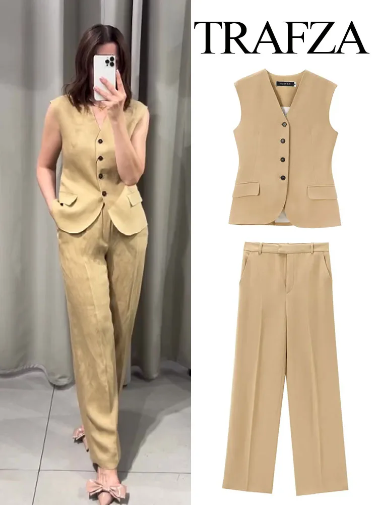 TRAFZA 2024 Summer Women Fashion 2 Piece Set Single Breasted Vest Top + Zipper Fly Pockets Elegant Women\'s Wide Leg Long Pant