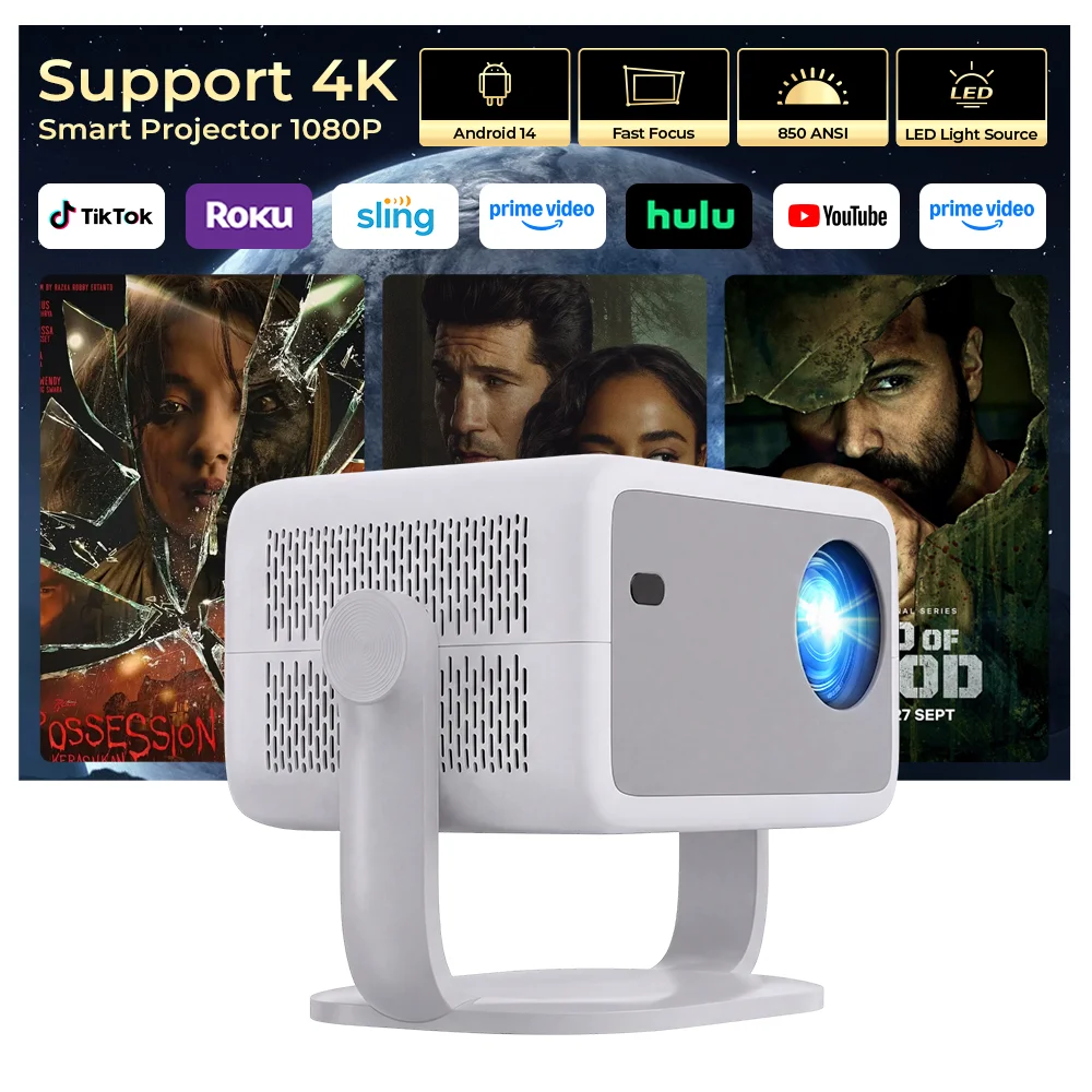 LYNCast Smart Projector with BT5.4 and WIFI6, L018, FHD 1080P, Android14, 360° Rotate Portable, Home Theater, Perfect for TV Series, Movies, Gaming, Anime, Sports, K-Dramas, Concerts