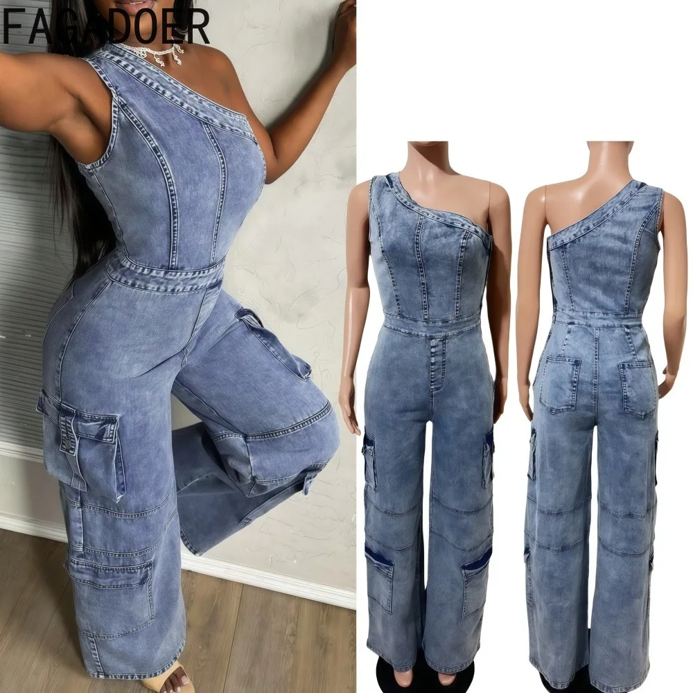 

FAGADOER Retro Fashion Bodycon Denim Jumpsuit Women One-shoulder Cargo Pockets Patchwork Rompers Female Streetwear Overalls 2025