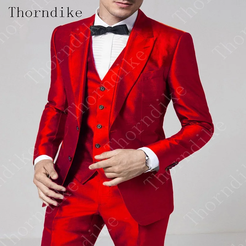 Thorndike 2022 Custom Made Shiny Red Groom Suit Bespoke Glossy Red One Button Wedding Suits For Men Tailored Red Tuxedo 3 Pieces