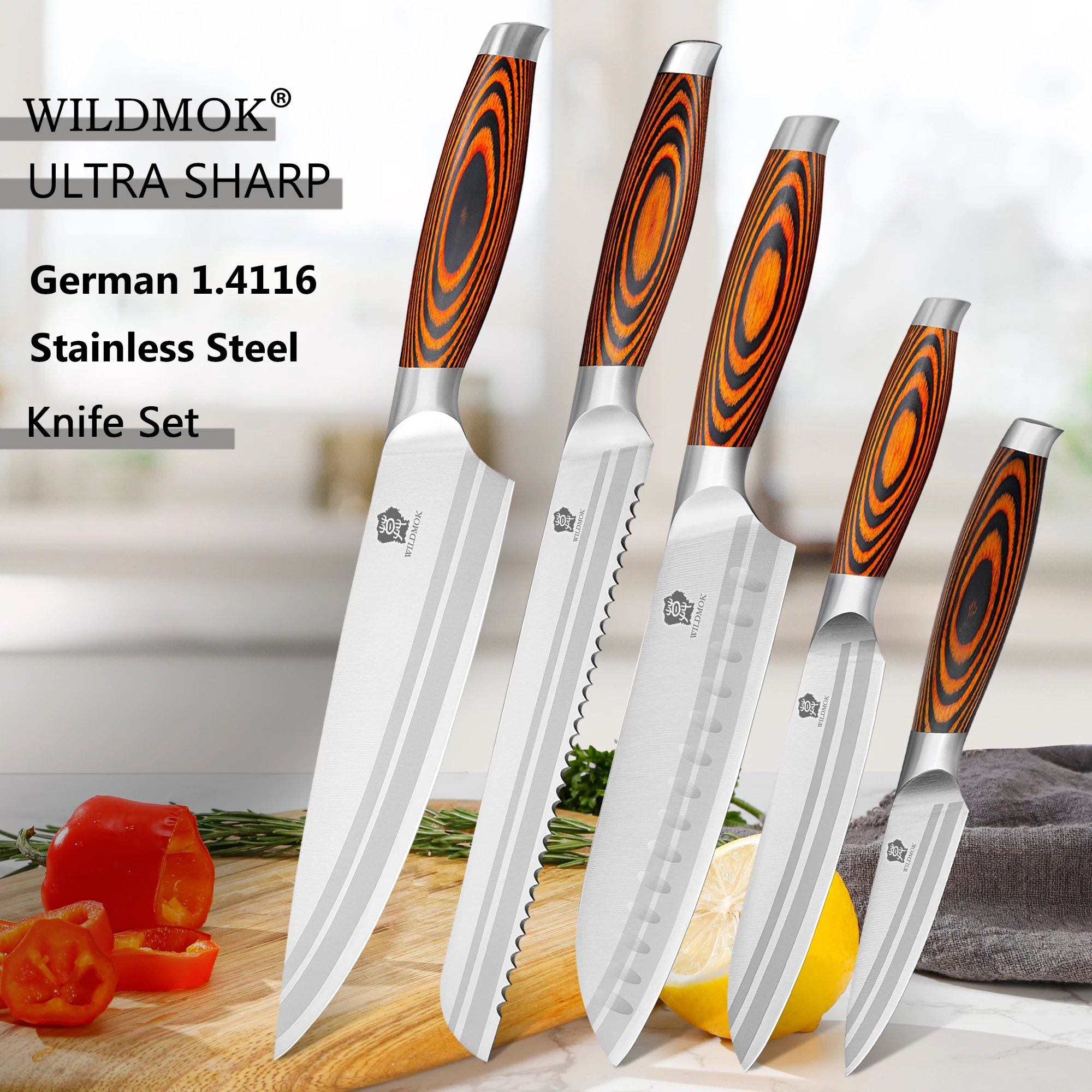 

WILDMOK High Quality Sharp German Stainless Steel Kitchen Knife Set,Pakkawood Handle Chef's Santoku Utility Knives with Gift Box