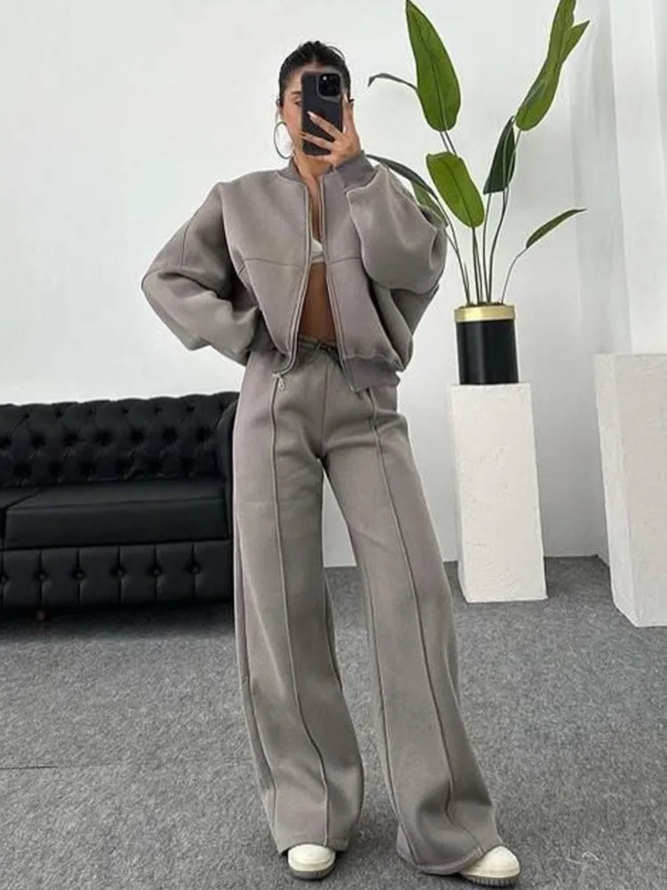 Frauen Sweatsuit Set Vintage Oansatz Zipper Bomber Jacken Hohe Taille Lose Hosen Anzug Weiblichen Frühjahr Neue Mode Dame Sportswear