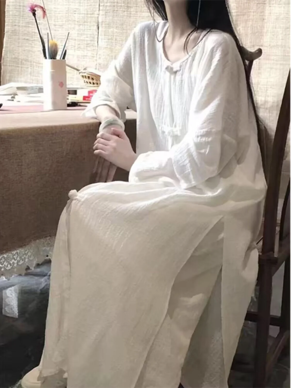 新中式スレクールセンセーション国民的トレンドセット女性用春秋禅コットンリネン茶服トップワイドレッグパンツツーピース...