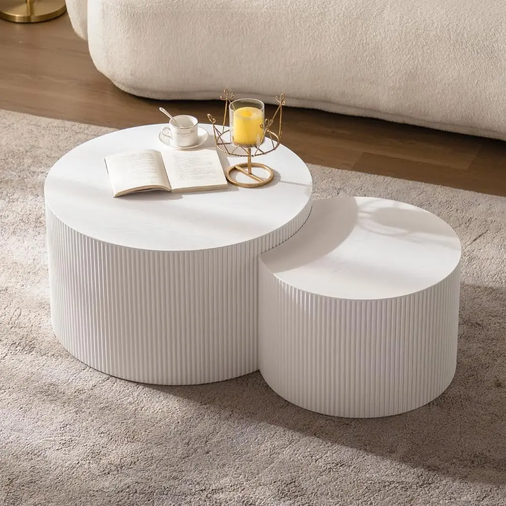 

Round Nesting Coffee Table Set of 2 Modern Cream Fluted Coffee Table Small Round End