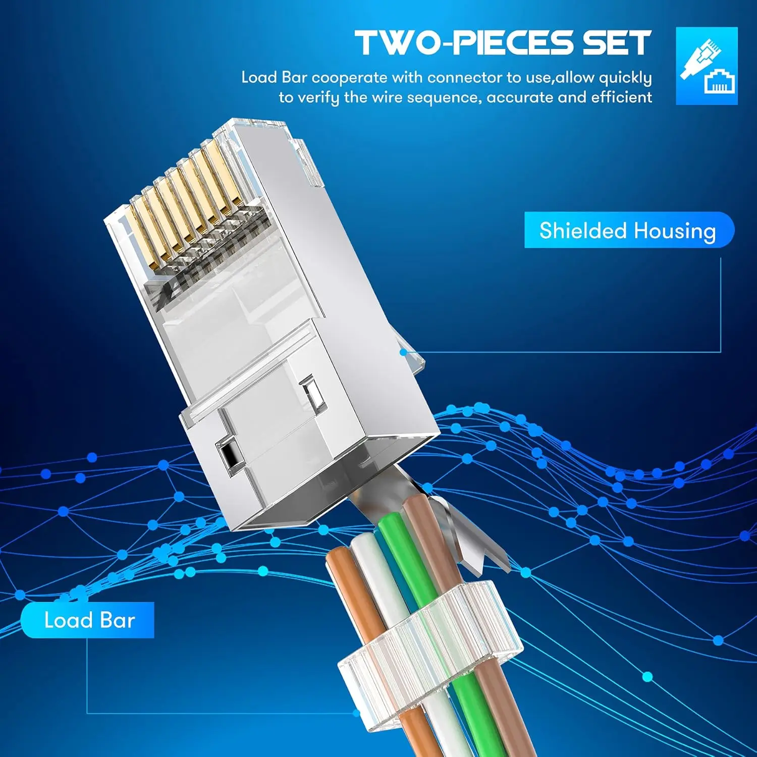 ZoeRax 50-Pack Shielded RJ45 Cat7 Cat6A Pass Through connectors - 3 Prong 8P8C 50U Gold Plated 2-Piece Ethernet Cable Plug