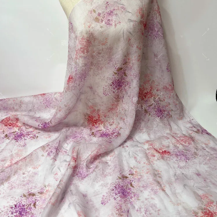 Tela de ramio de alta calidad para material, 1 yarda, flores rosas púrpuras, telas con impresión Digital, camisa, pantalones, vestido, telas cheongsam