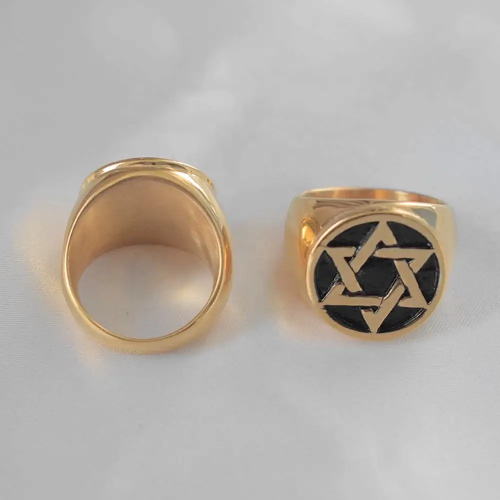 خاتم هيب هوب مطلي بالذهب عيار 18 قيراط من الفولاذ المقاوم للصدأ على شكل نجمة داود للنساء والرجال