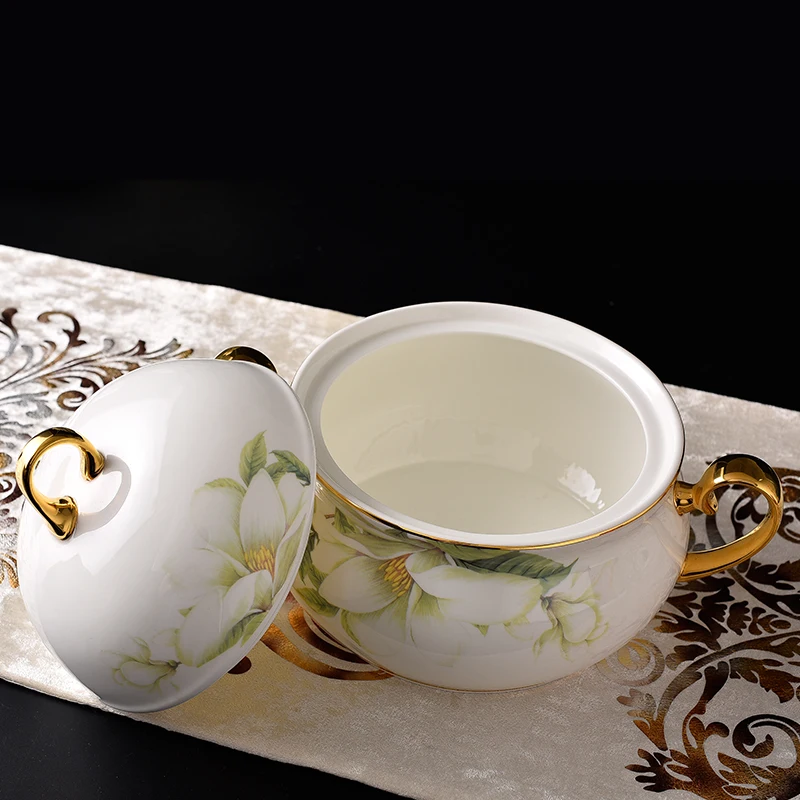 Bone china Lily Flower Pattern Soup Pot Product Pot Soup Basin Soup Bowl Round Large Ceramic Pot Tableware with Cover