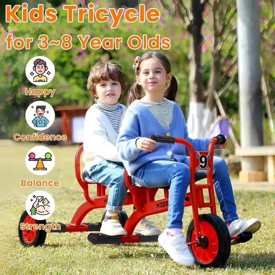 3歳から8歳向けの三輪車、ダブルトライクバイク、幼稚園、保育園、屋外用タンデムバイク、エアレスゴムタイヤ、二人乗り、滑り止め付き