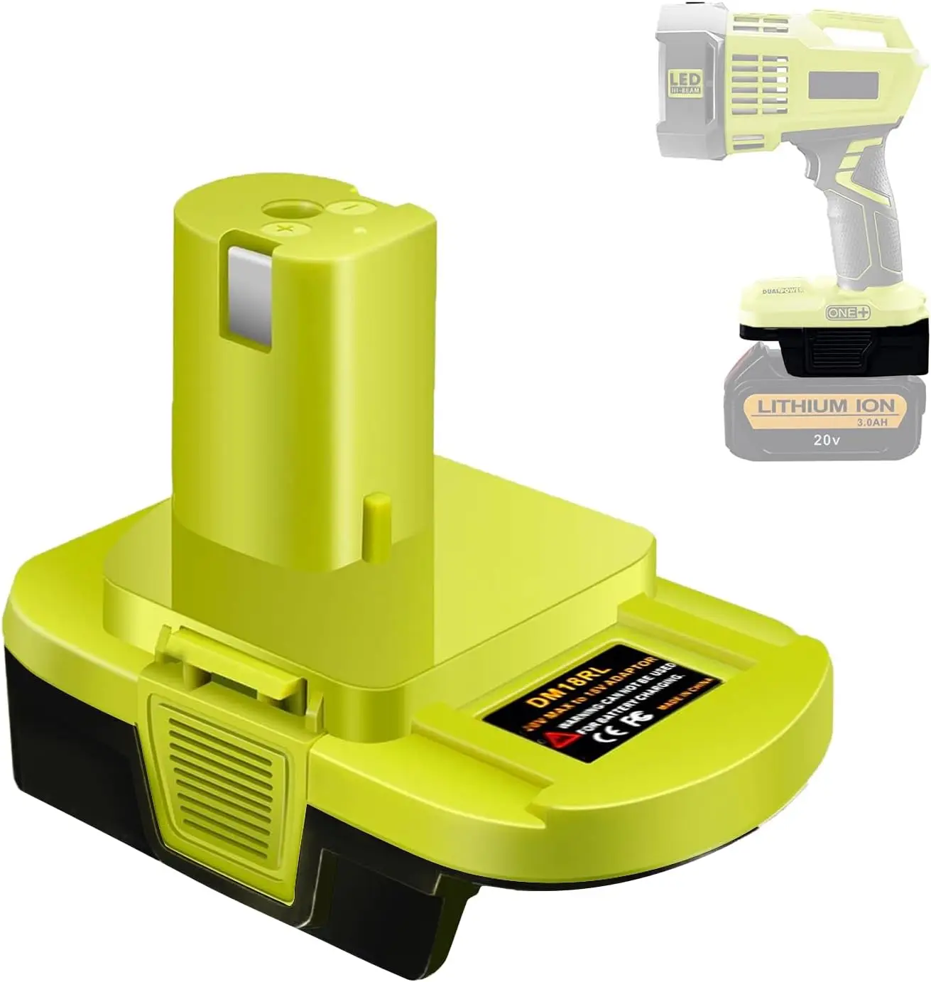 DM18RL Batterieadapter zur Umwandlung von Dewalt/Milwaukee 20V/18V Li-Ionen-Akkus in Ryobi 18V P108 ABP1801, USB-Anschluss, Schwarz/Grün – Detail 3