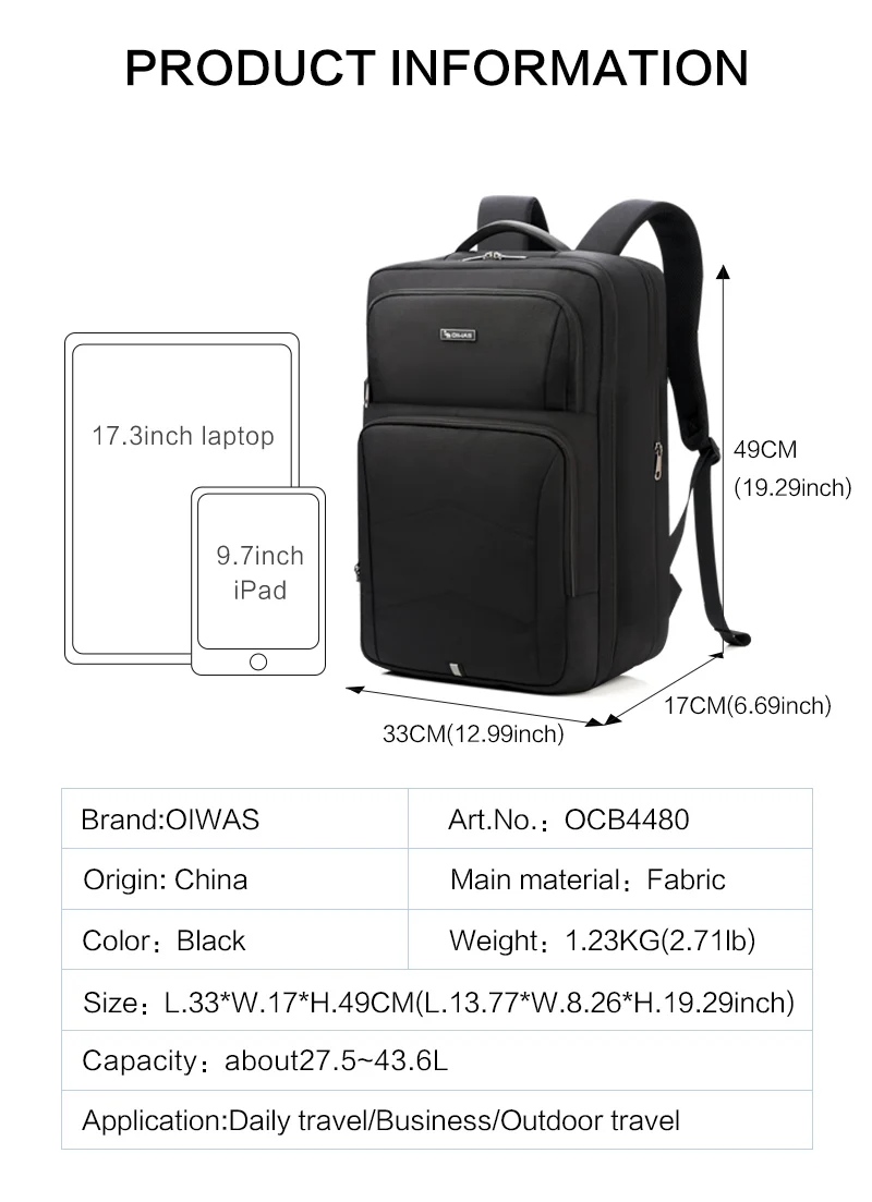 OIWAS Large Capacity Expandable Laptop Backpack USB Charging Port 17.3Inch Waterproof Business Travel Computer Bag for Men Women