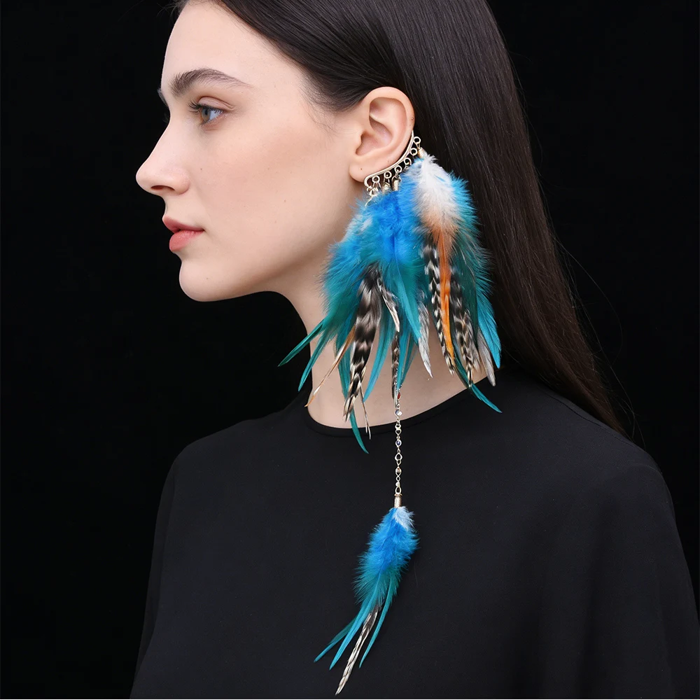 

Exaggerated Brown Blue Colored Feather Ear Hanging Ethnic Tribal Style Fashion Chain Ear Jewelry Party Holiday Travel Accessory