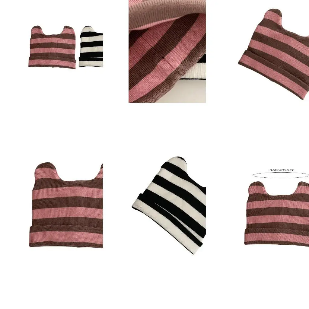 

39BB Stripe Cats Ear Skull Hat Thick Warm Hat Outdoor Activity Winter Headwear