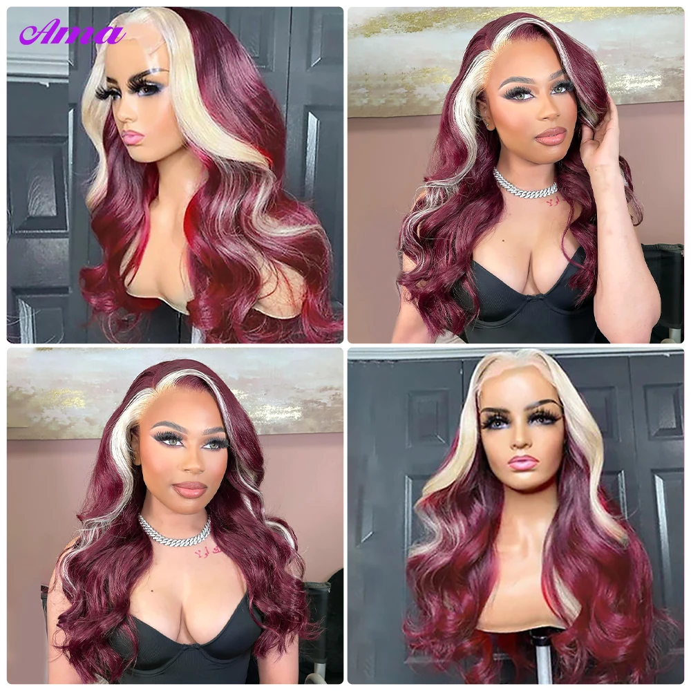 Burgundy 99J Red With 613 Blonde 13x4 Stripe Skunk Lace Front Human Hair Wigs Pre Plucked Glueless Body Wave Lace Front Wig