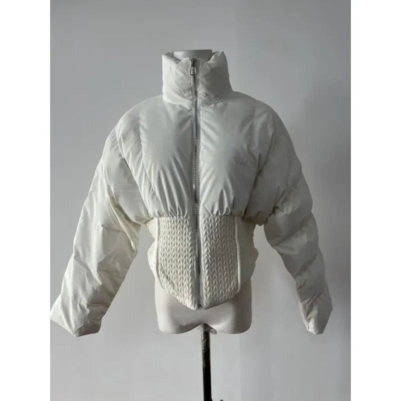 Cotton Jacket Women Diamond Grid Short Fashionable Standing Collar Withwaistband Bread Jacket Sweet and Minimalist College Style