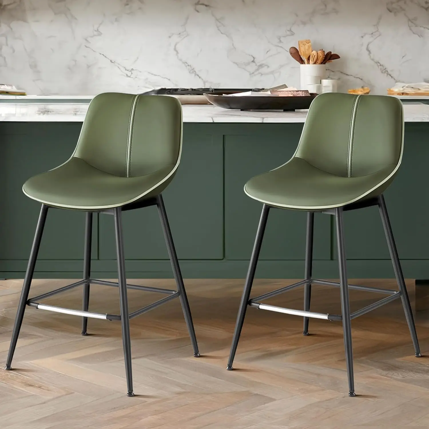 

Bar Stools Set of 2, Counter Height Bar Stools with Back, Ergonomic Backrest, Synthetic Leather, Metal Legs, 24.8-Inch Tall B