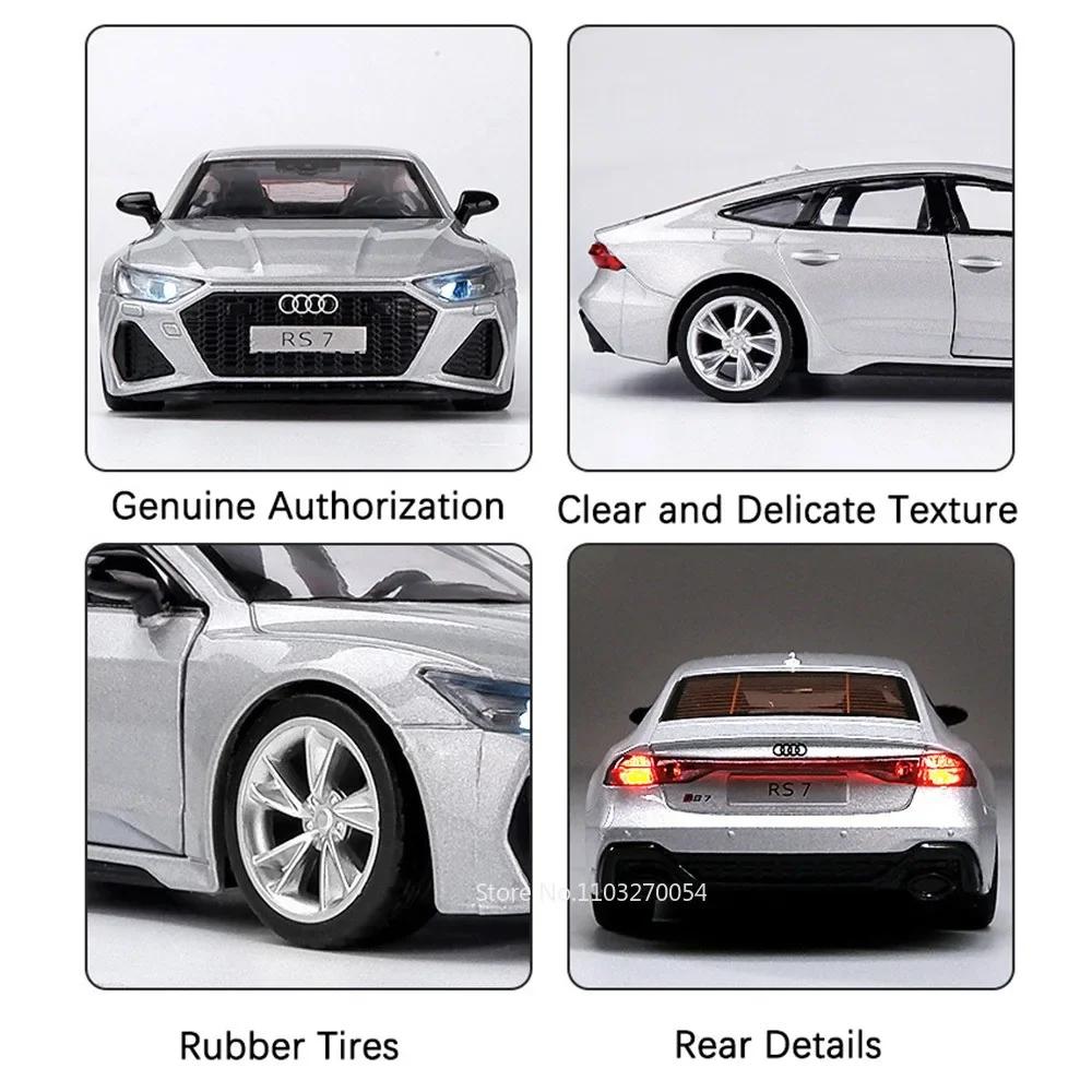 1:35 AUDI RS7 Model Car Toys Alloy Diecast Vehices Metal Body Rubber Tires Doors Opened Sound Light Pull Back Toy Gifts for Kids