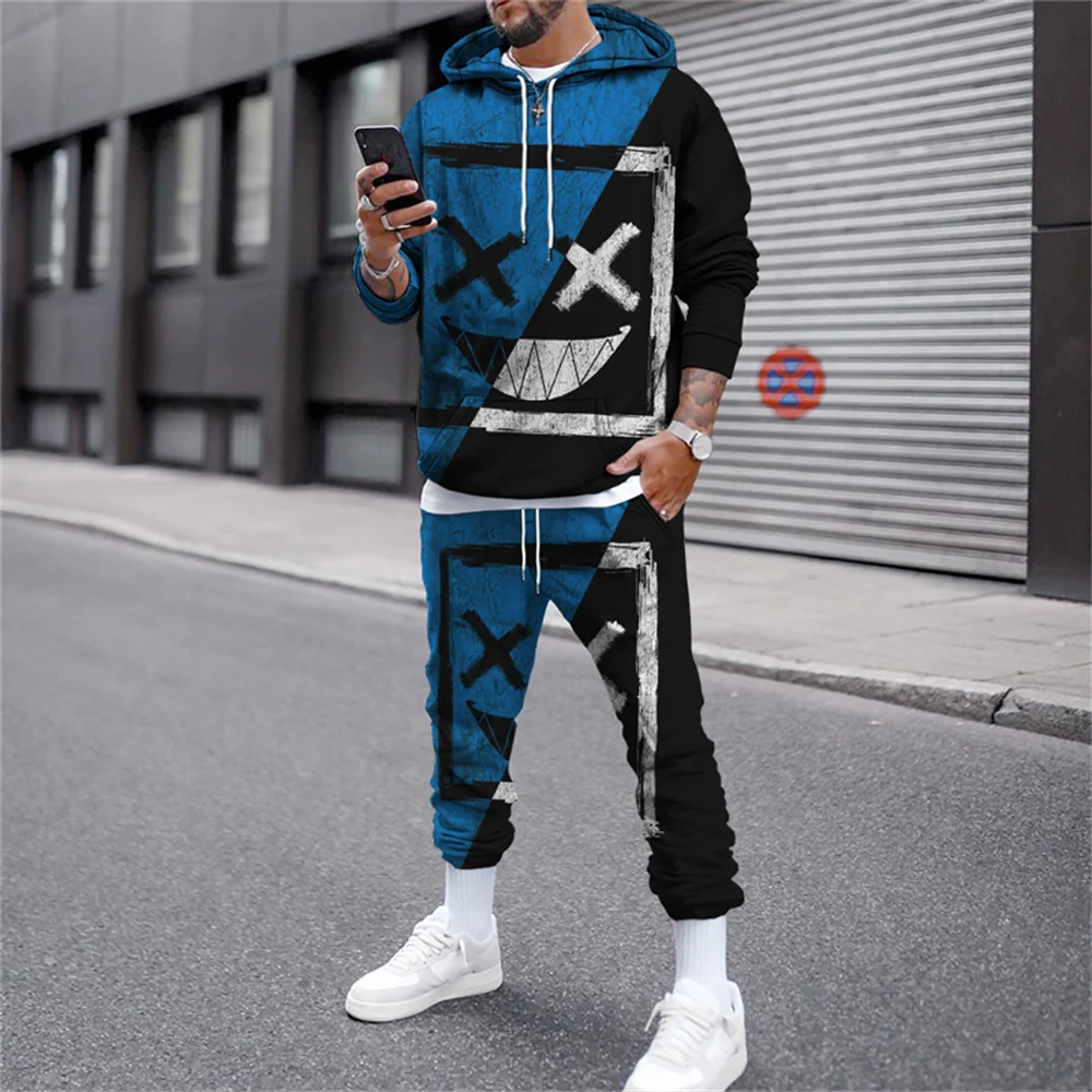 Conjunto de agasalho masculino sorriso 3d impresso hoodies ternos jogger casual sweatshirts moletom 2 peça outono inverno hip hop homem roupas