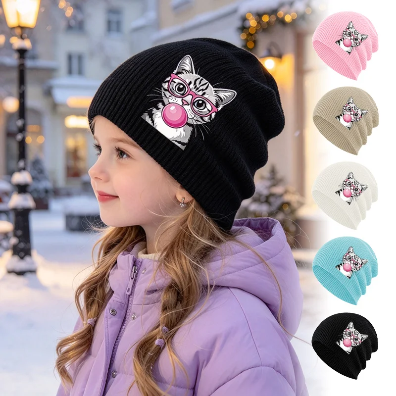 Bubble Gum Blowing Cat Print Soft Kids Knit Cold Hat 1-3Y Toddler Fashion Beanie for Daily Outing & Children Theme Party