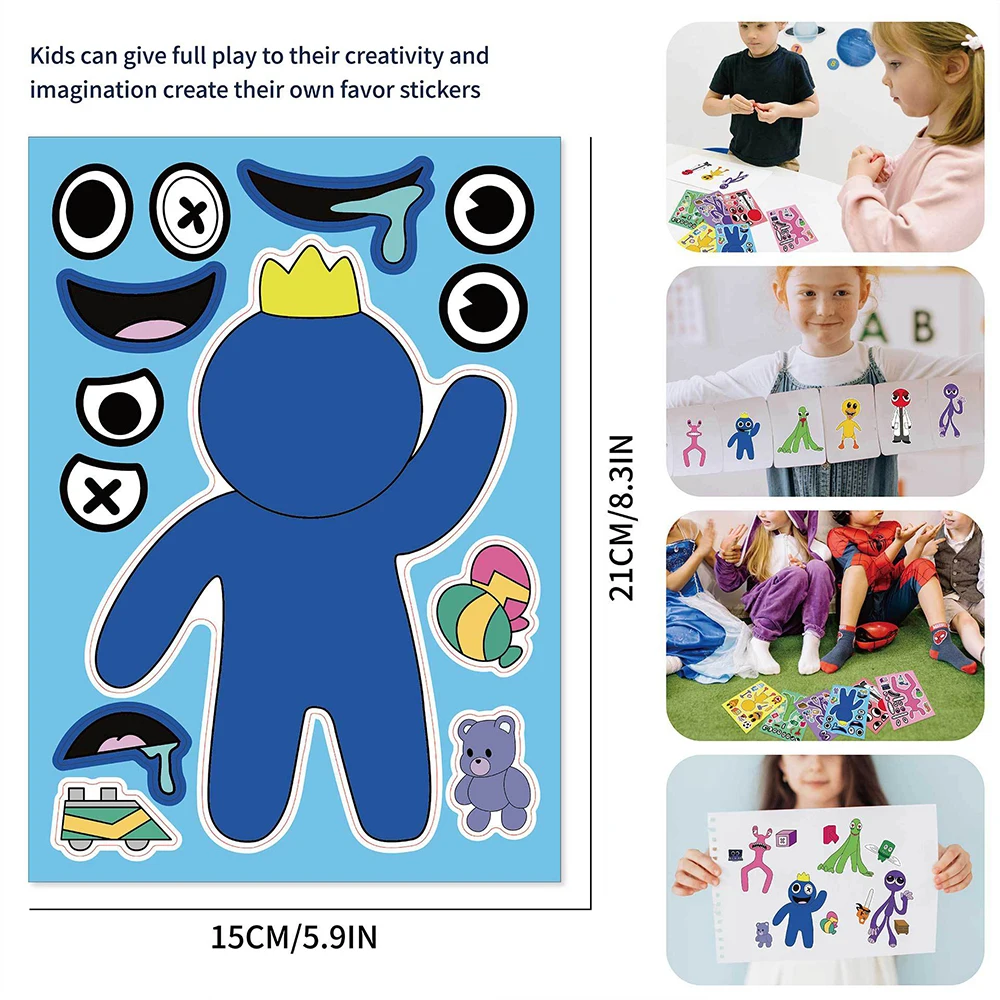 6/12Sheets Rainbow Friends Children DIY Puzzle Sticker Funny Games Make-a-Face Assemble Jigsaw Sticker DIY Book Kids Toys Gifts